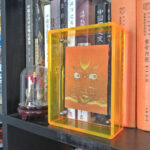Yellow Jambhala Buddha Eyes Thangka in a yellow translucent acrylic frame styled on a bookshelf.