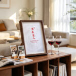 Dark wood framed Chinese calligraphy art print reading Yi Qi Jia Ren on a modern dark executive desk beside a laptop and journal.