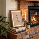 Framed calligraphy artwork A Home in Harmony leaning on vintage books atop a brick fireplace mantel with a candle.