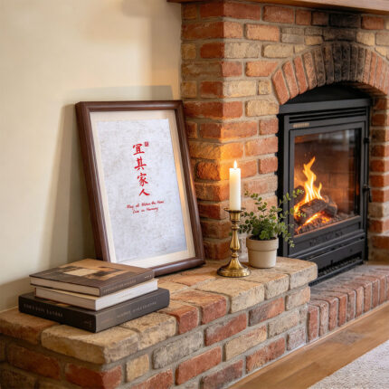 Framed calligraphy print A Home in Harmony sitting on a low wooden table in front of a warm brick fireplace.