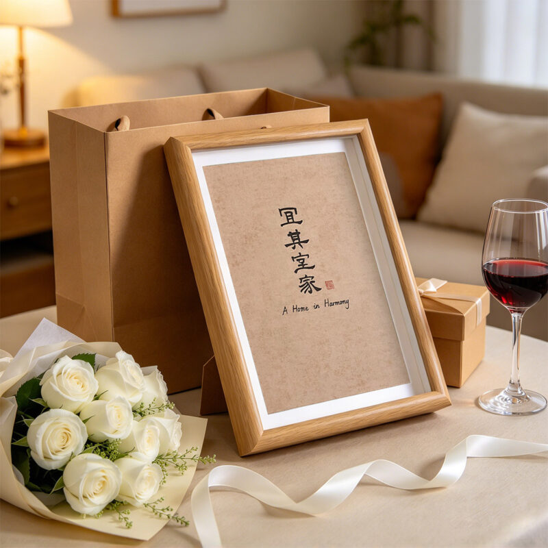 Light wood framed calligraphy print A Home in Harmony resting against a paper gift bag with white roses and wine.