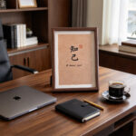 Framed calligraphy artwork A Kindred Spirit on a dark wooden study desk beside a laptop and a cup of black coffee.