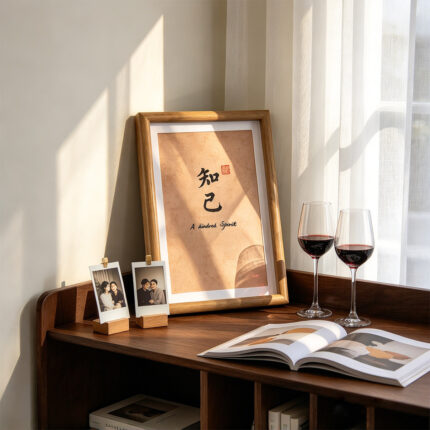 Light wooden framed calligraphy print A Kindred Spirit resting on a sunlit wooden cabinet with red wine glasses and polaroid photos.