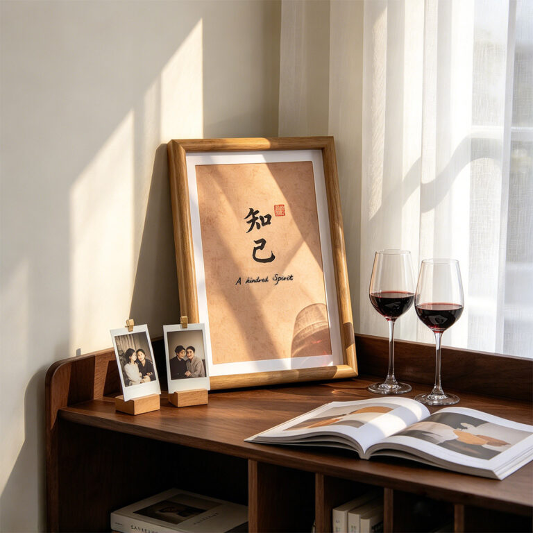 Light wooden framed calligraphy print A Kindred Spirit resting on a sunlit wooden cabinet with red wine glasses and polaroid photos.
