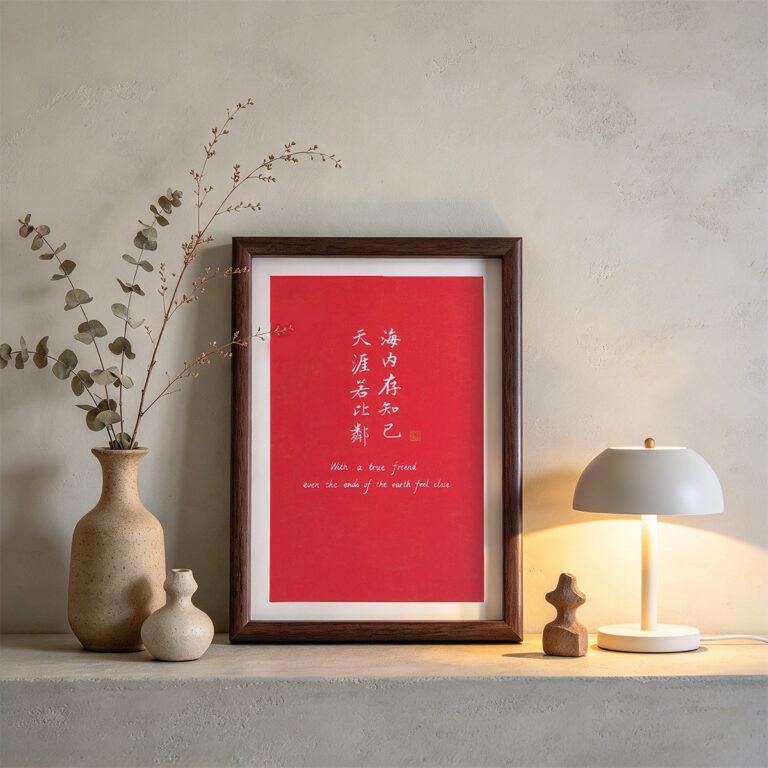Framed red calligraphy print A True Friend Far Away displayed on a modern wooden console with ambient lighting and decor.