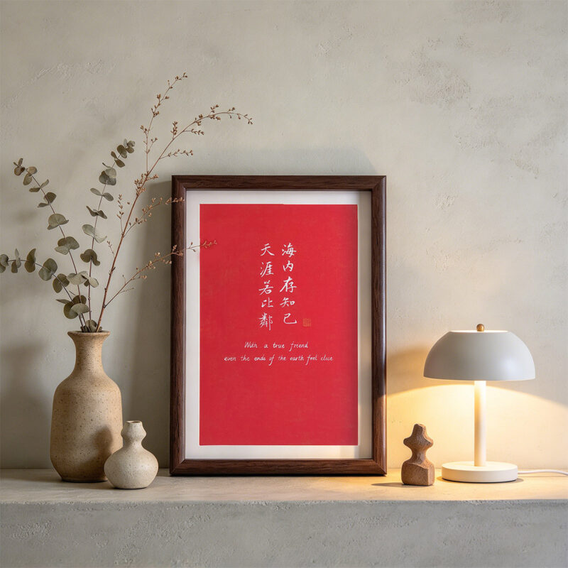 Framed red calligraphy print A True Friend Far Away displayed on a modern wooden console with ambient lighting and decor.