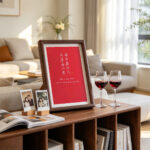 Large dark wood framed red calligraphy print A True Friend Far Away on a wooden cabinet with polaroid photos and wine glasses.