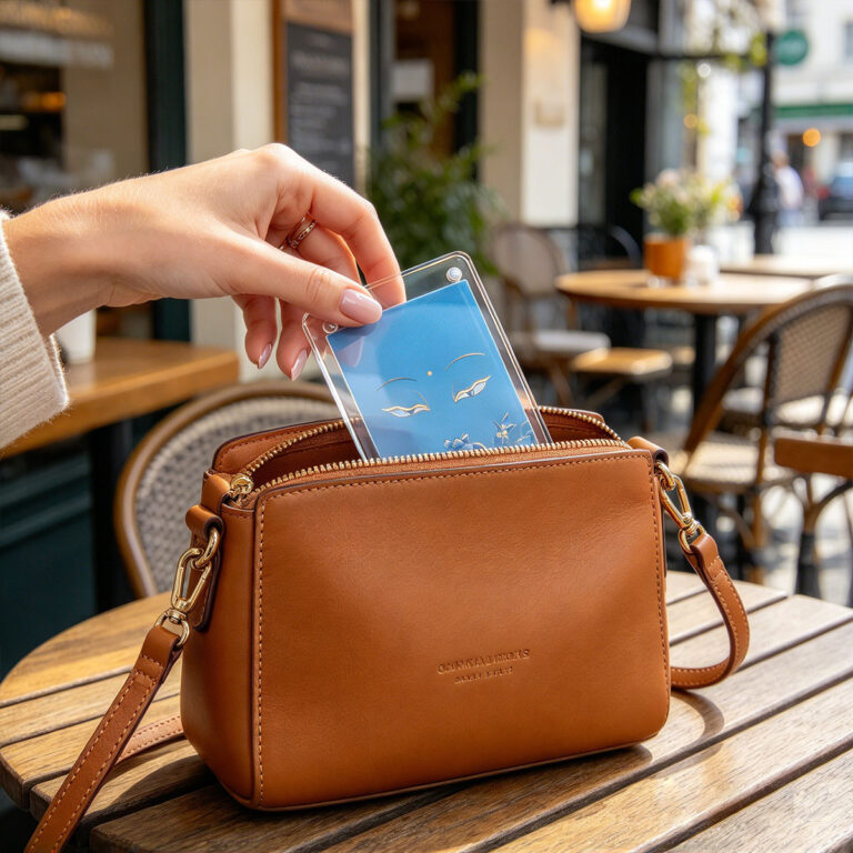 A hand placing a bright blue Buddha Eyes acrylic art card into a leather purse at an outdoor urban coffee shop.