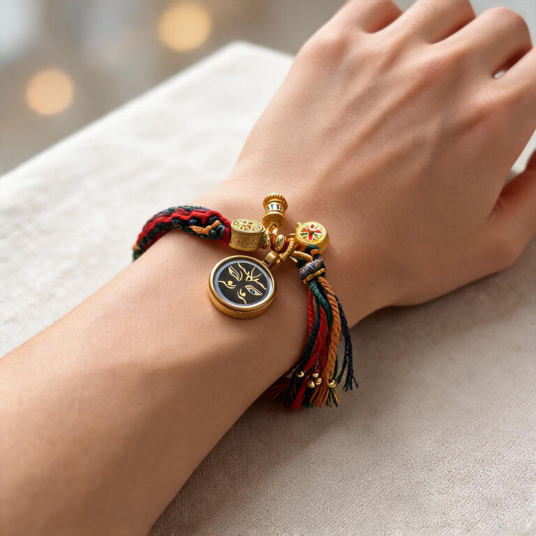 Black Padmasambhava Buddha Eye pendant bracelet with red and black tassel details on wrist.