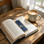Handwritten Chinese calligraphy bookmark in dark blue with the character Jing, resting inside an open book on a sunlit wooden desk with latte coffee.