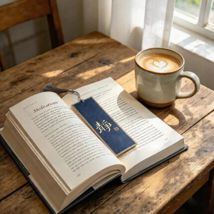 Handwritten Chinese calligraphy bookmark in dark blue with the character Jing, resting inside an open book on a sunlit wooden desk with latte coffee.