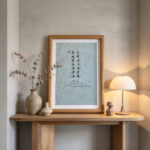 Soft blue textured calligraphy art print framed in wood on a hallway console next to dried botanicals and a lamp.