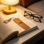 Warm brown handcrafted calligraphy bookmark with the character Ming resting on an open book under a bedside lamp near reading glasses.