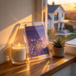 A purple Buddha Eyes acrylic art block resting on a wooden window sill beside a scented candle during golden hour.