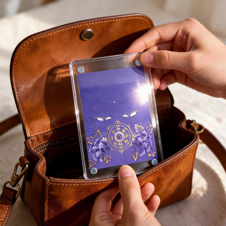 Hands placing a purple Buddha Eyes acrylic art card into a brown leather crossbody bag for portable meditation.