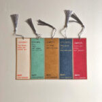 Back side of five Chinese calligraphy bookmarks displaying handwritten English translations and character concepts.
