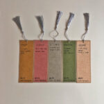 Back side of five Chinese calligraphy bookmarks displaying handwritten English translations and character pronunciations.