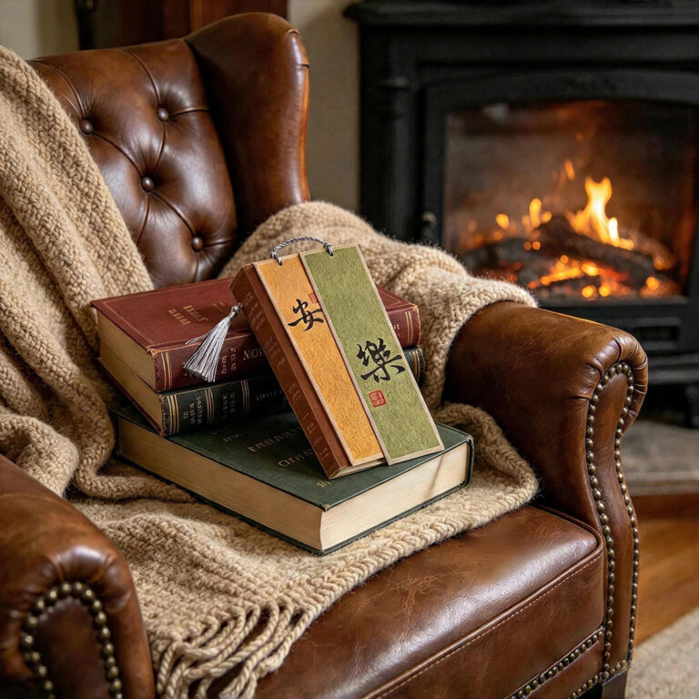 Stack of colorful handwritten calligraphy bookmarks on top of vintage books on a leather chair with a knit blanket by a burning fireplace.