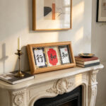Wooden framed Song Brocade calligraphy display placed on a classic white fireplace mantel with candle and interior decor.