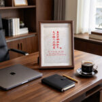 Dark wood framed Chinese calligraphy art print on a luxury dark wooden office desk next to a laptop, cup, and journal.
