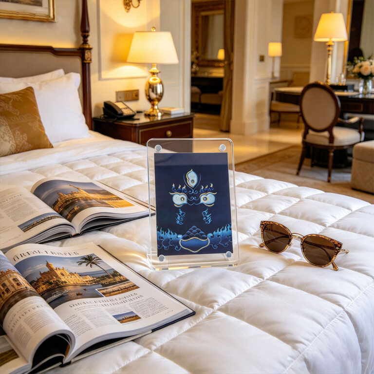 A deep blue Buddha Eyes acrylic pocket card standing upright on a white bed duvet near a magazine and sunglasses.