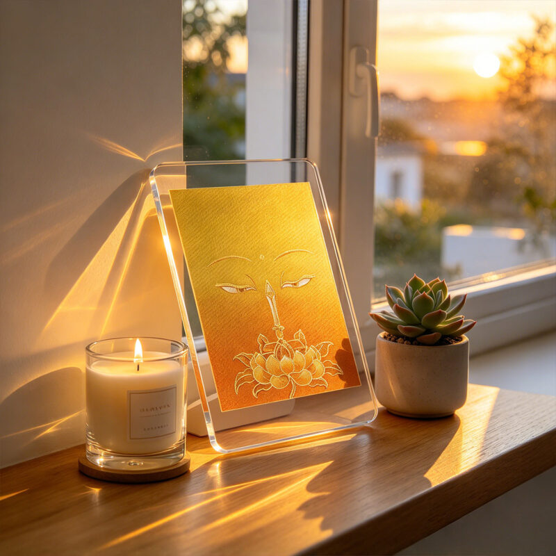 A golden yellow Buddha Eyes acrylic art block standing on a wooden ledge near a candle and a small potted succulent.