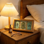 Framed calligraphy artwork Shanshui Qing on a wooden nightstand next to a cozy pleated table lamp and glasses.