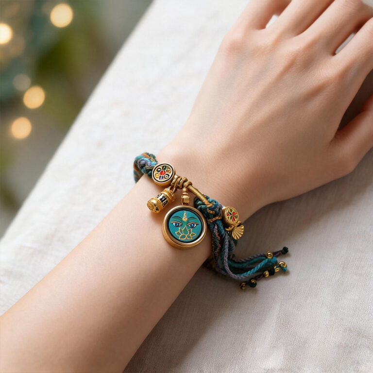 Green Tara Buddha Eye circular pendant bracelet on wrist with green woven thread.