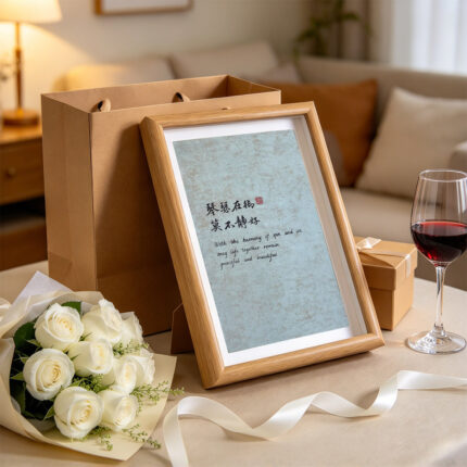 Natural wood framed green calligraphy art print on a rustic table with a kraft paper gift box, white roses, and wine.