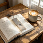Textured grey Chinese calligraphy bookmark with character Jing resting inside an open book on a sunny wooden table beside a coffee mug.