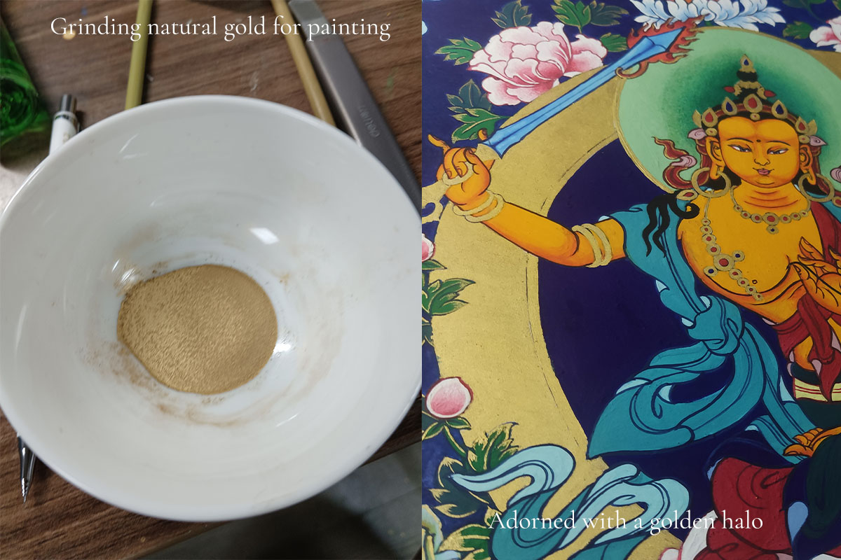 Grinding natural gold powder and applying golden halo details on Thangka artwork.