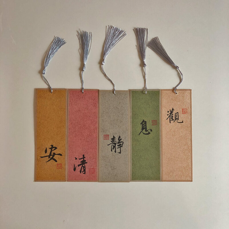 Set of 5 handwritten Chinese calligraphy bookmarks on colorful Xuan paper with silk tassels and red seal stamps.