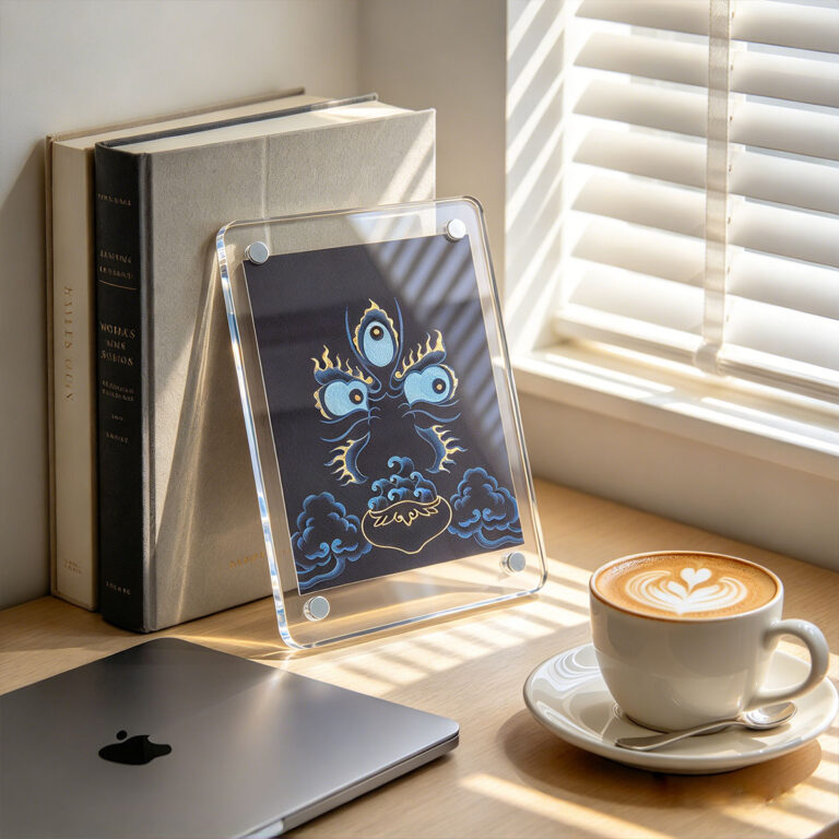 A indigo Buddha Eyes acrylic card leaning against books beside a latte cup on a wooden desk near a window.