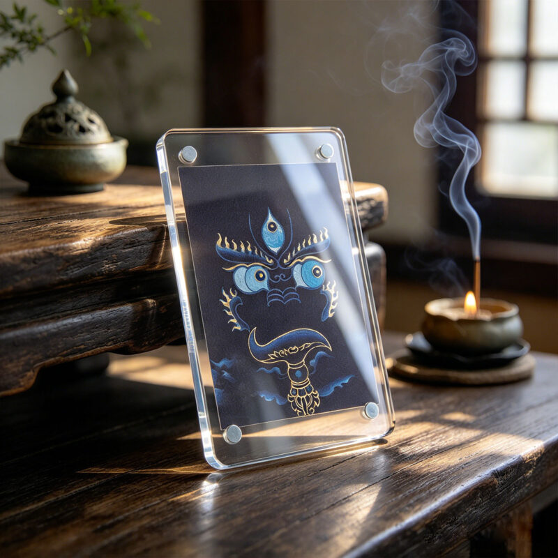 An indigo blue Buddha Eyes acrylic art card standing on a dark wood table next to burning incense stick with smoke.