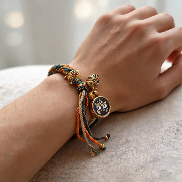 Indigo blue Mahakala Buddha Eye pendant bracelet worn on wrist with multi-color tassel cord.