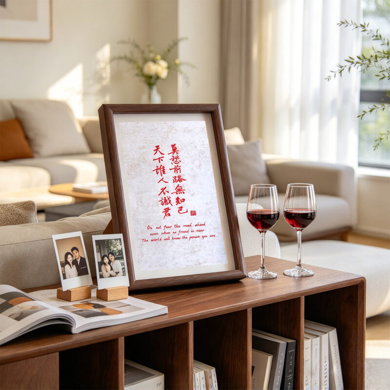 Framed inspirational Chinese calligraphy print on a wooden living room shelf beside wine glasses and framed memory photos.