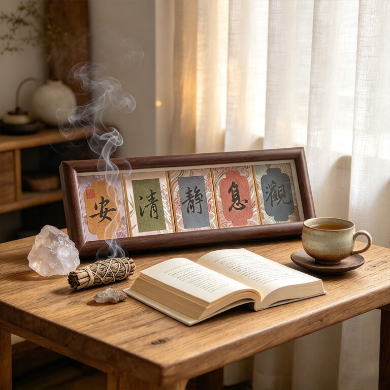 Long horizontal dark wood framed Song Brocade calligraphy display on a wooden desk with sage smudge stick and crystal.