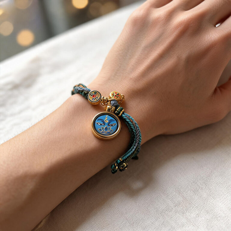 Blue Medicine Buddha Eye charm bracelet on model wrist with blue braided strap.