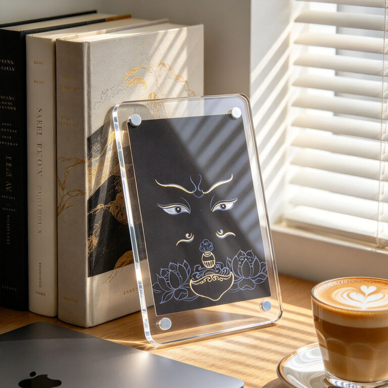 A black and gold Buddha Eyes acrylic art card leaning on books beside a cappuccino cup on a sunlit wooden desk.