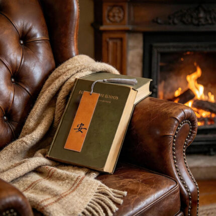 Warm orange calligraphy bookmark with character An resting against a book on a classic leather armchair by a crackling fireplace.