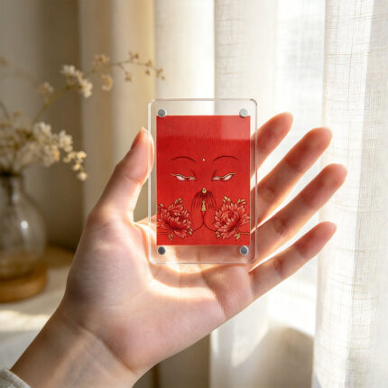 A hand holding a clear red Buddha Eyes acrylic pocket art card up toward the soft sunlight.