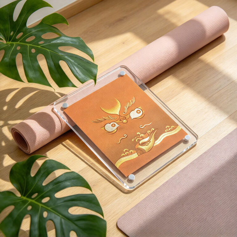 An Yellow Buddha Eyes acrylic pocket art card laying on a wooden floor near a rolled pink yoga mat and monstera leaves.