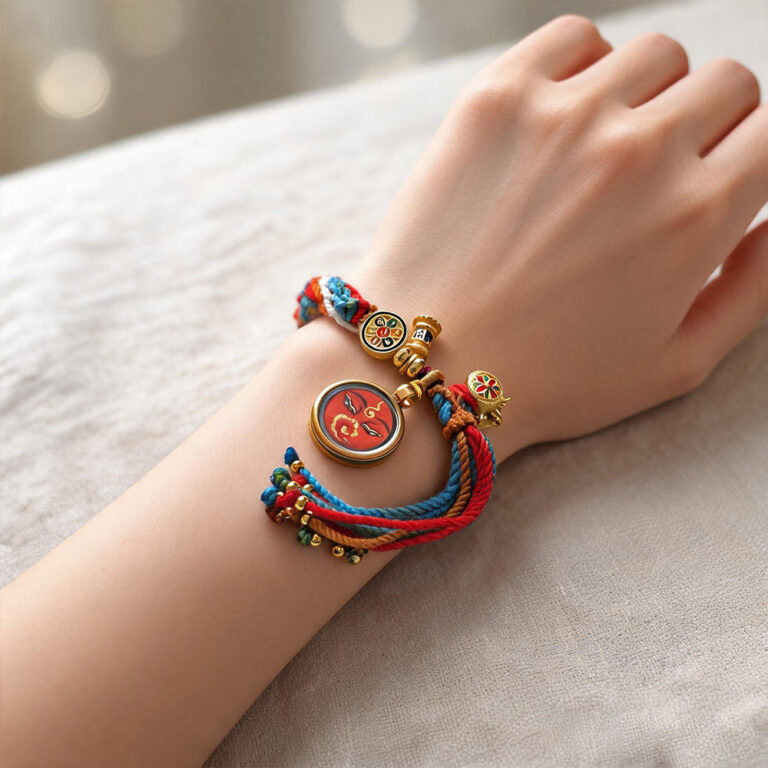 Orange Chenrezig Buddha Eye pendant bracelet on wrist with colorful cord trim.