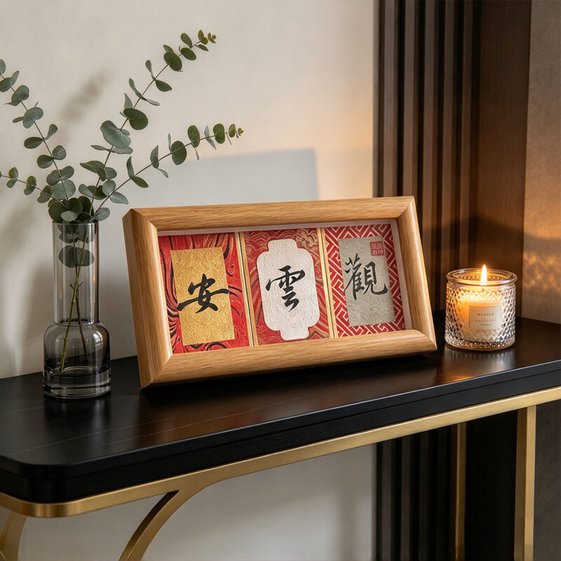 Song Brocade calligraphy artwork on a dark console table beside eucalyptus vase and a burning candle.