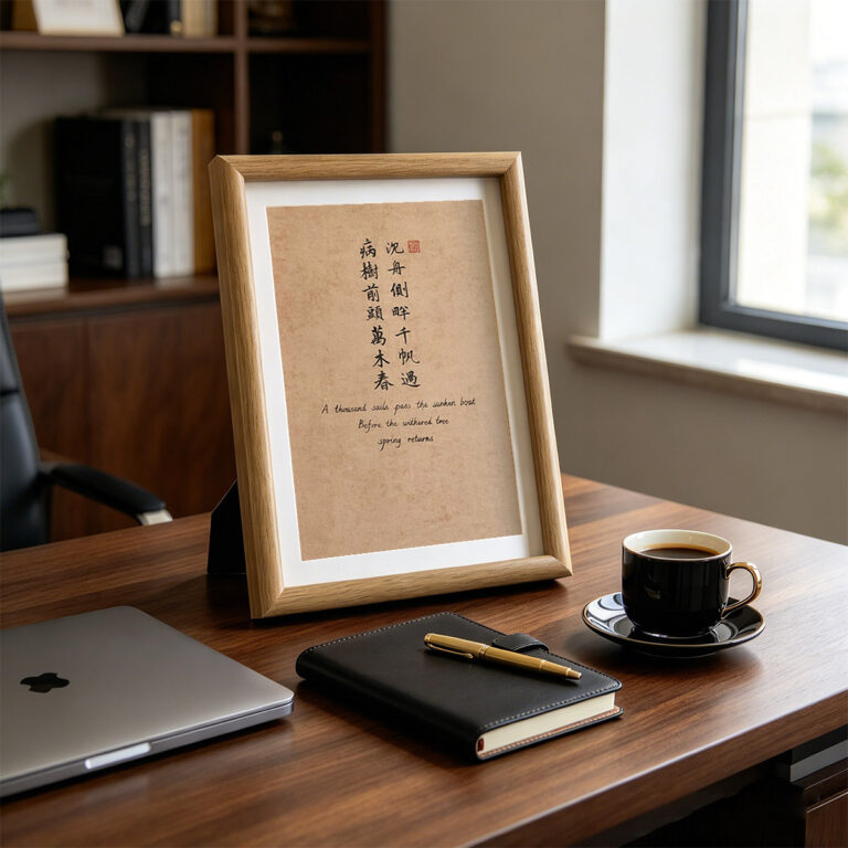 Light wooden framed poetic Chinese calligraphy artwork on a modern office desk beside books and a coffee mug.