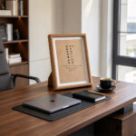 Natural wooden framed poetic Chinese calligraphy art print on a luxury dark wooden office desk beside a laptop and coffee mug.