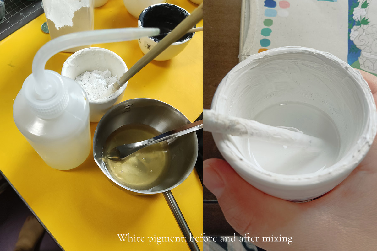 Preparing and mixing natural white mineral pigments for Thangka painting.