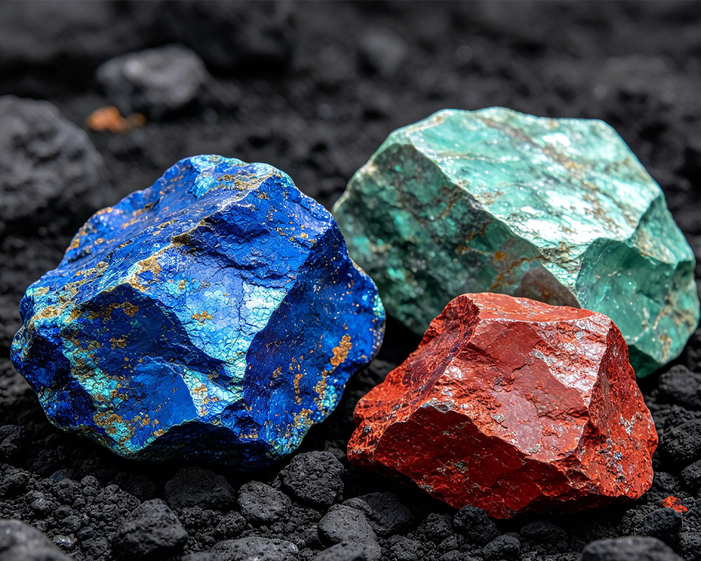 Raw azurite, malachite, and cinnabar stones resting on dark soil, sources of ancient natural pigments.