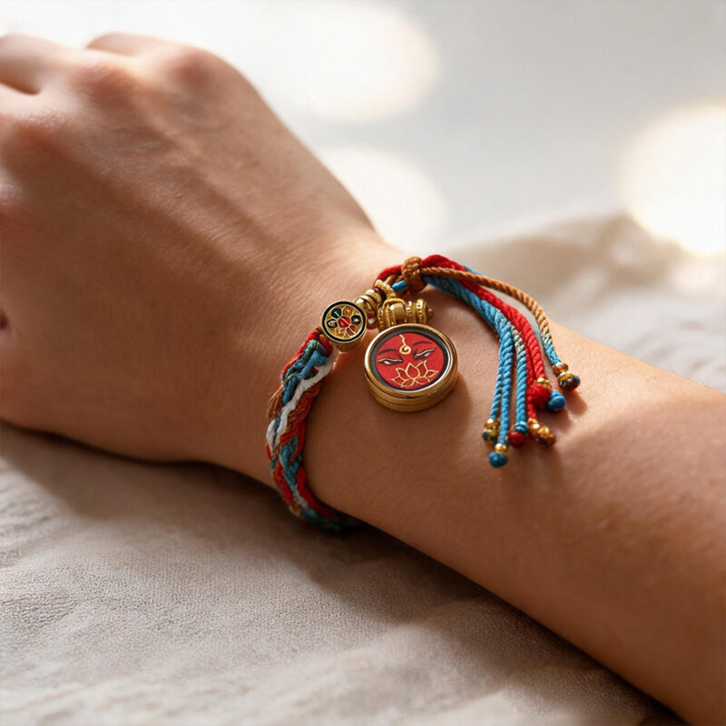 Red Amitayus Buddha Eye circular pendant bracelet on wrist with red braided cord.