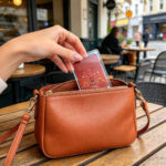 A hand placing a red Buddha Eyes acrylic pocket card into a brown leather purse at an outdoor urban coffee shop.